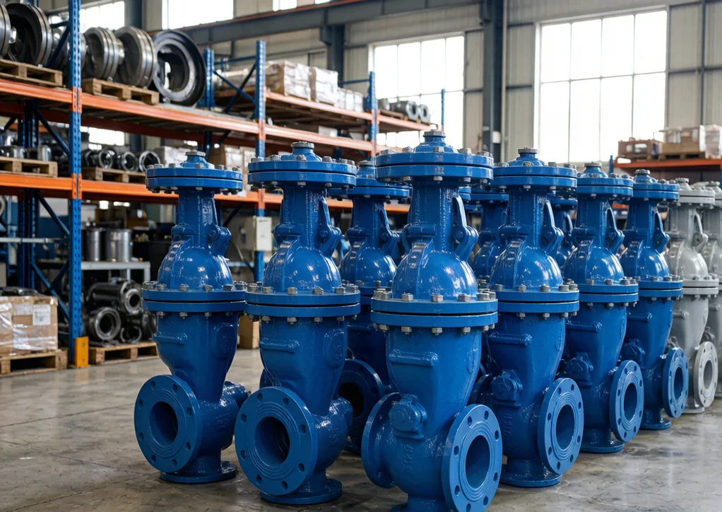 Row of large-size blue-painted flanged globe valves staged in a valve manufacturing warehouse
